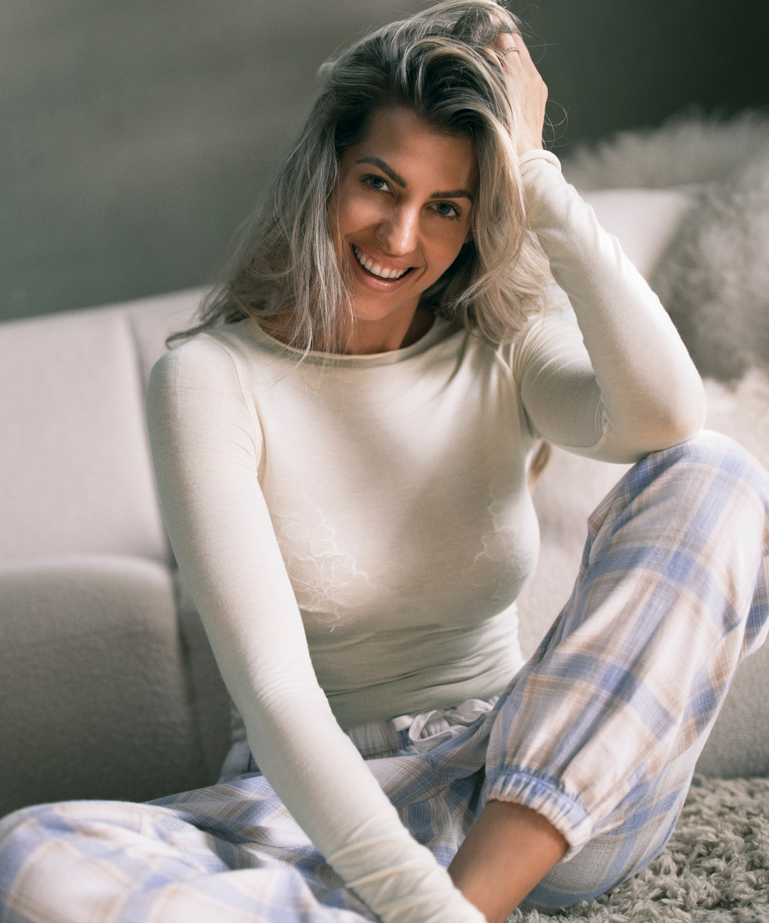 Petite pantalon de pyjama en serg&eacute;, Bleu, main