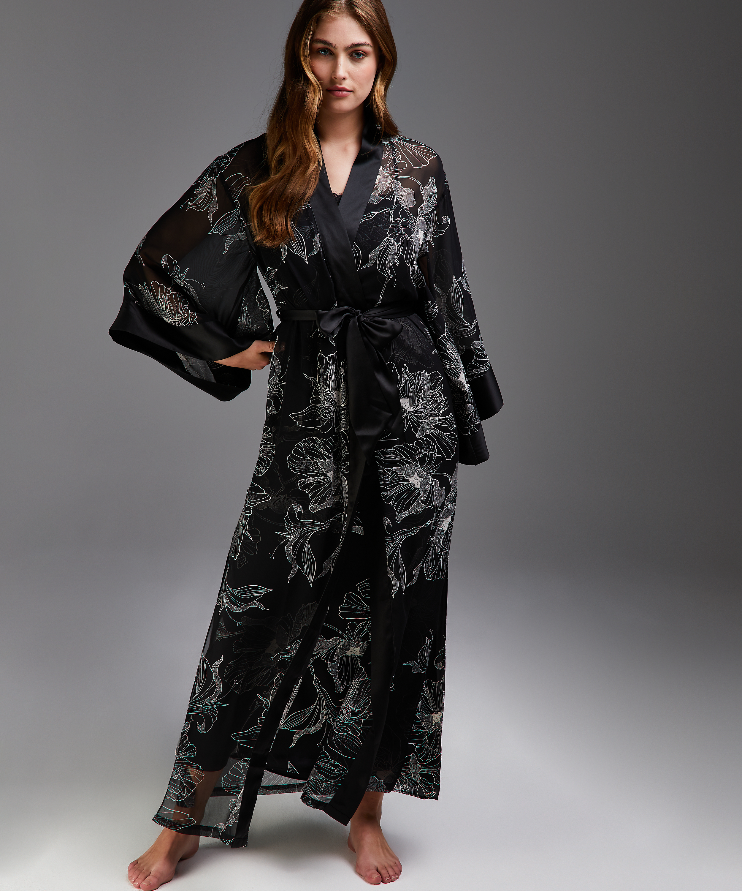Kimono long chiffon lotus, Zwart, main