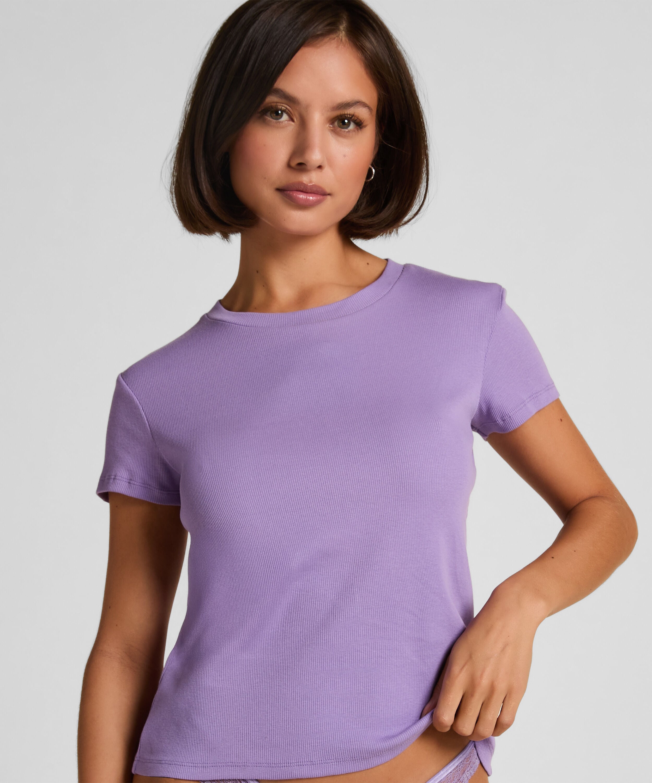 Pyjama top korte mouwen rib, Paars