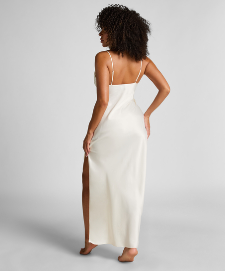 Slip dress longue en satin floral, Blanc
