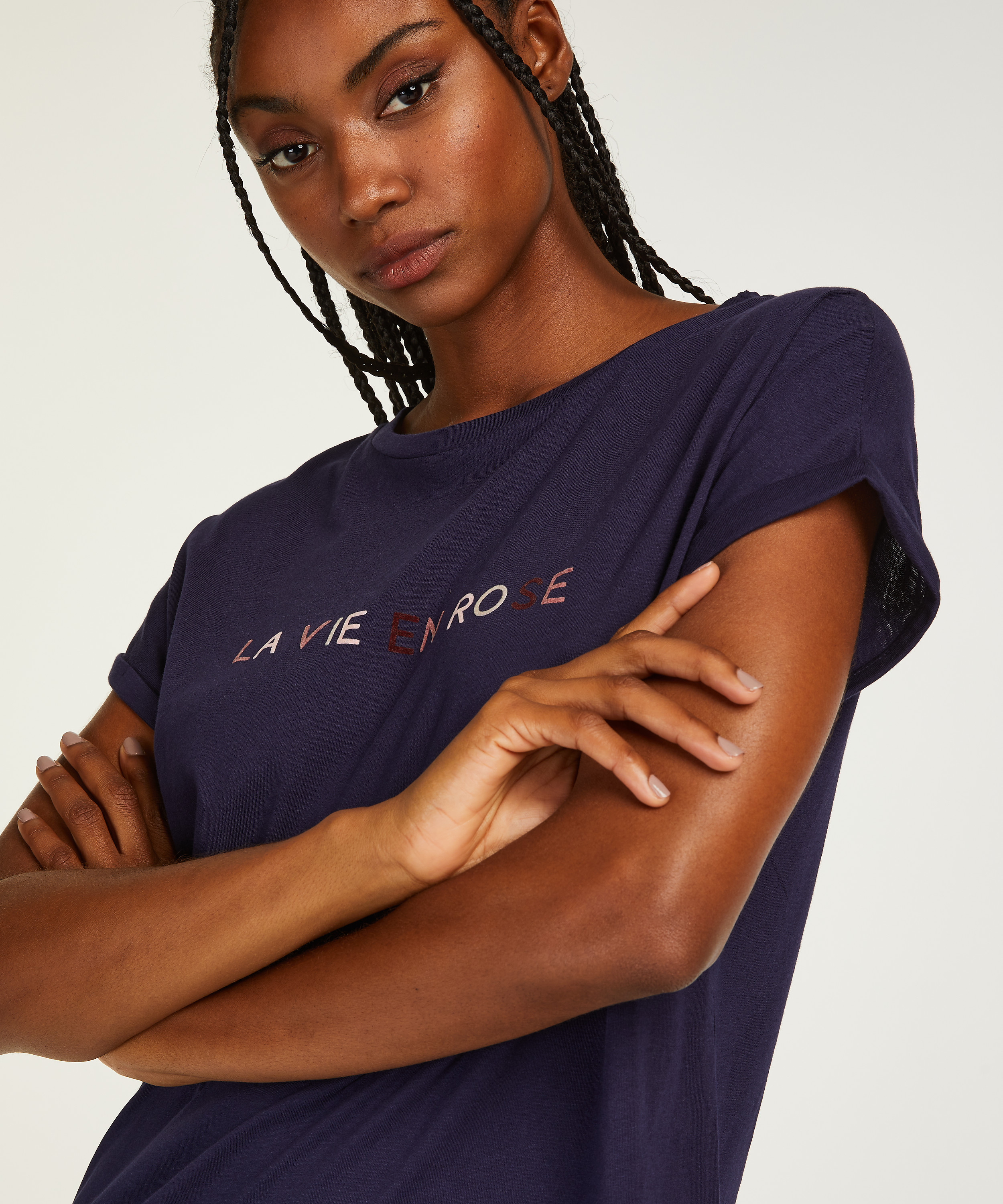 Chemise de nuit col rond, Bleu, main