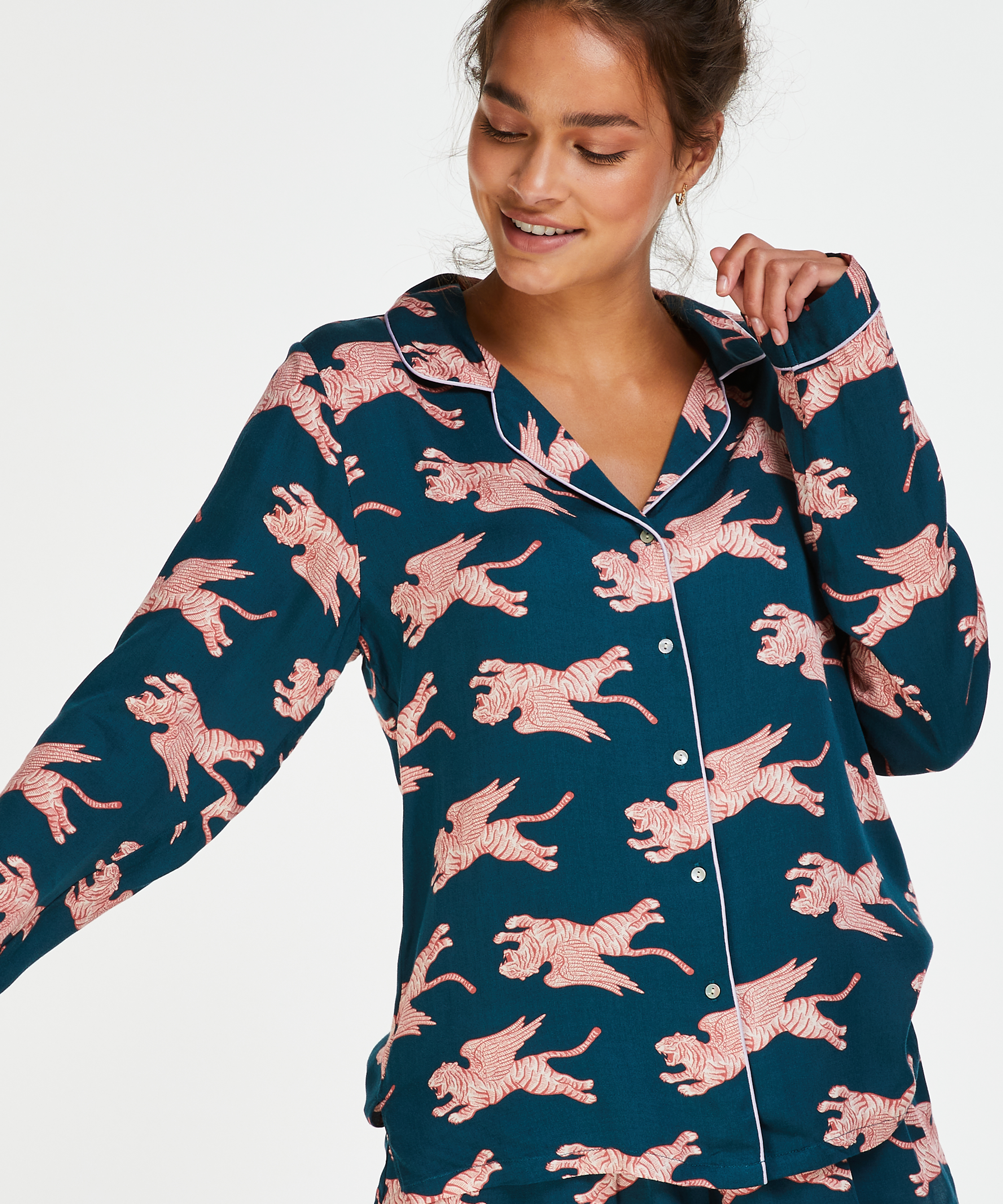 Veste de pyjama manches longues Woven, Bleu, main