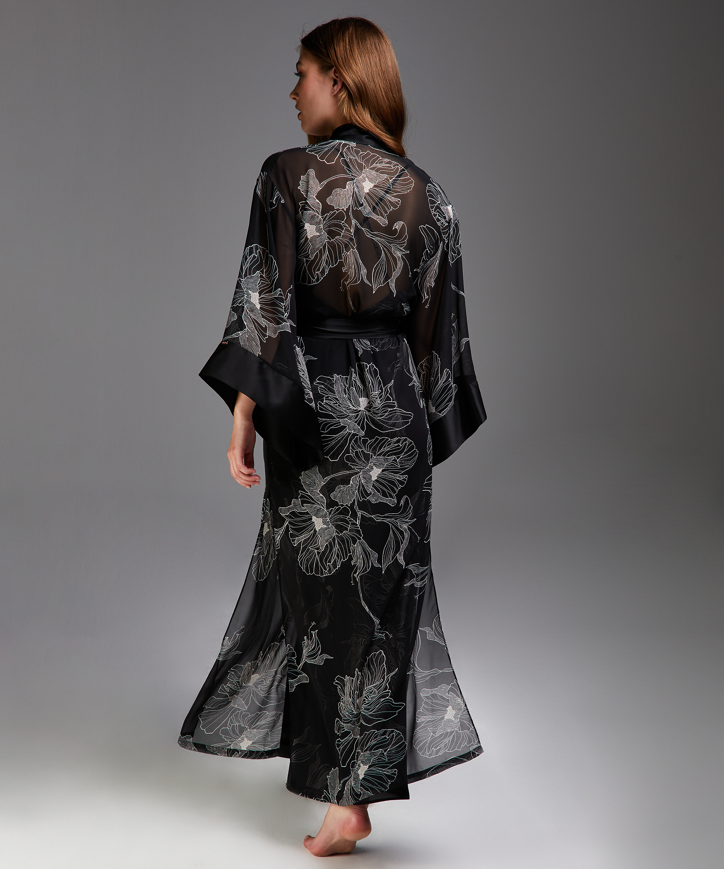 Kimono long chiffon lotus, Zwart, main