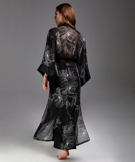 Kimono long chiffon lotus, Zwart