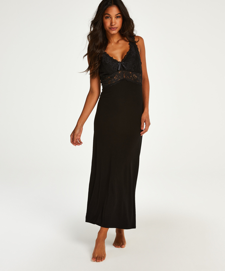 Slipdress Modal lace long, Zwart
