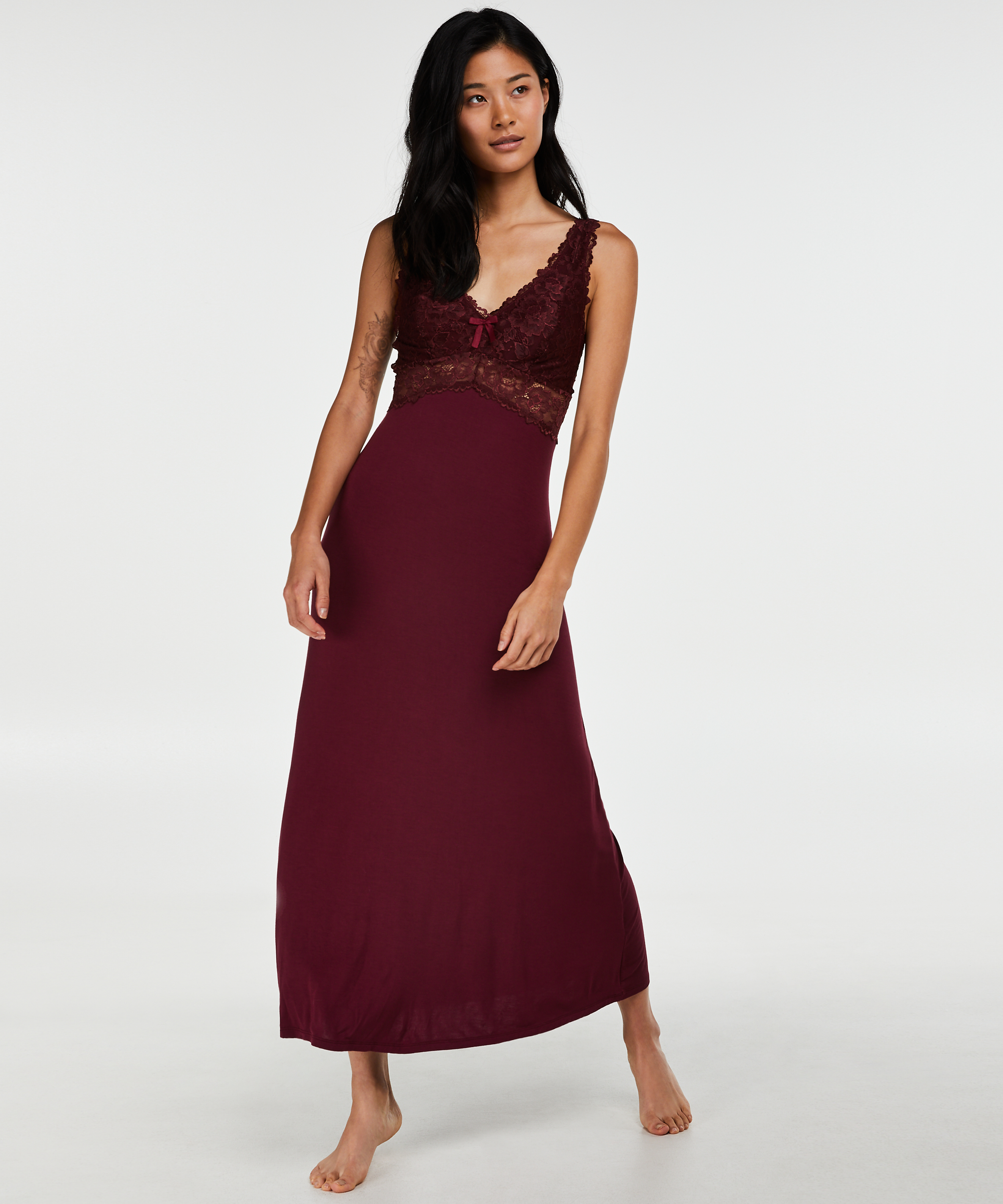 Slipdress Modal lace long, Rood, main