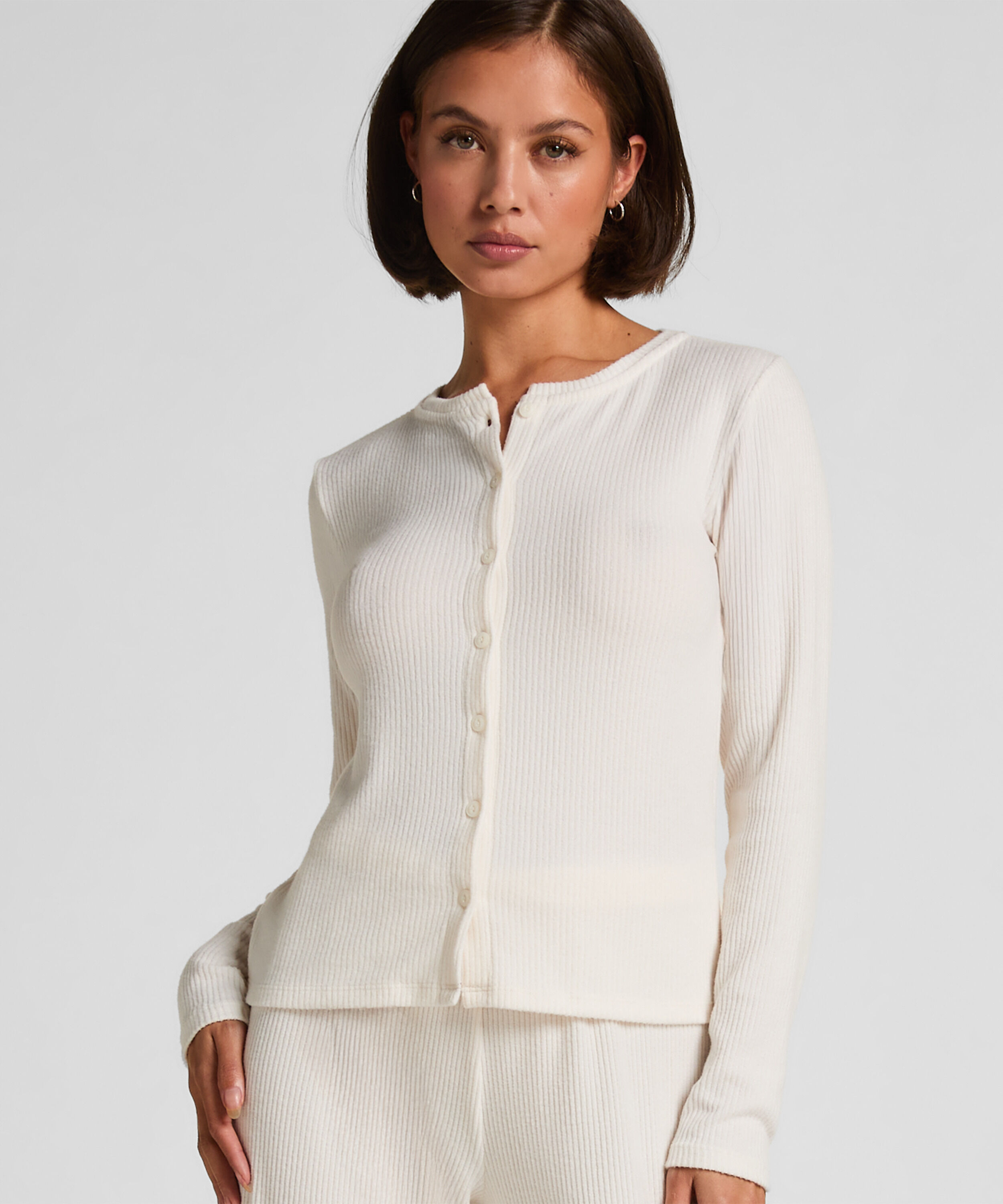 Geribde Jersey Cardigan, Wit Geribde Jersey Cardigan, Wit