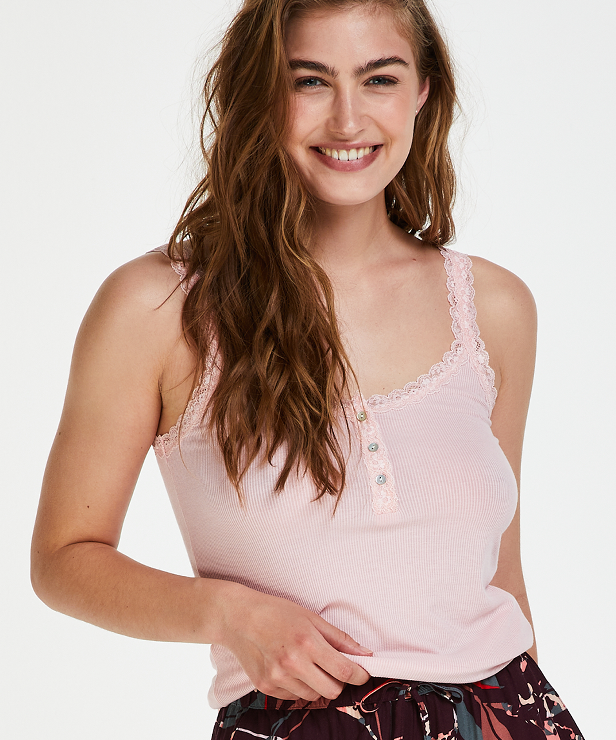 Singlet top cami rib lace, Rose, main