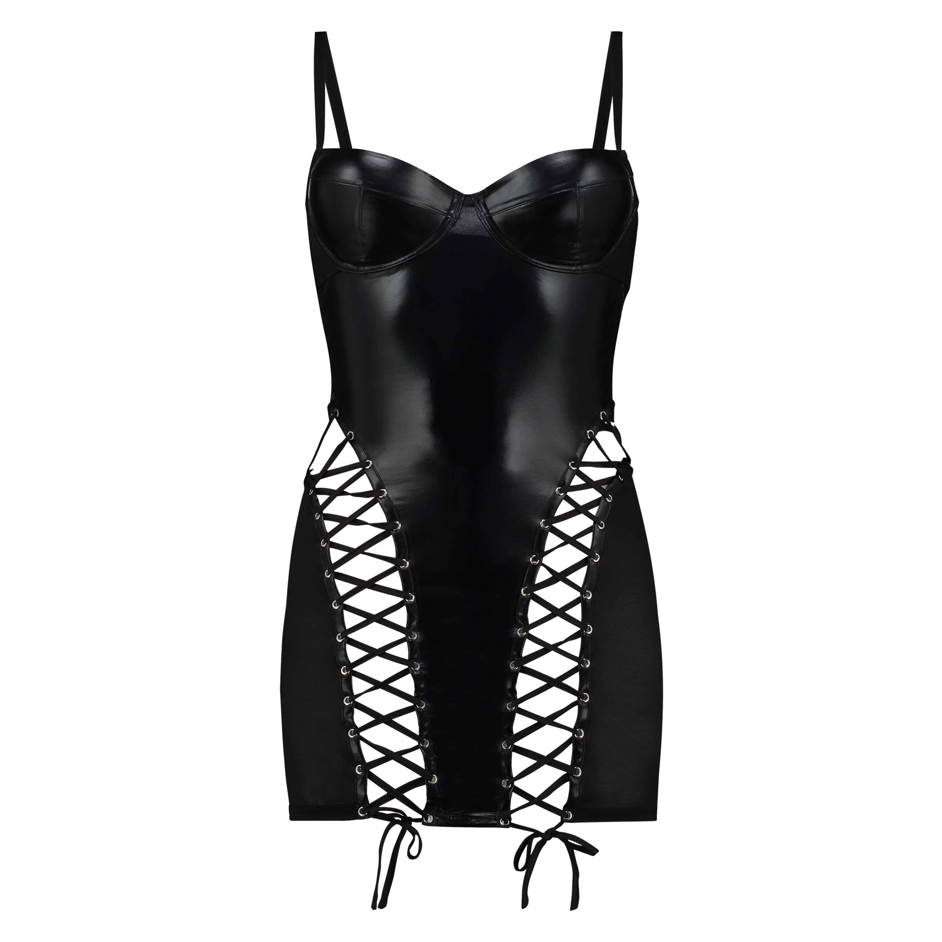Slip dress mesh lace-up, Noir, main