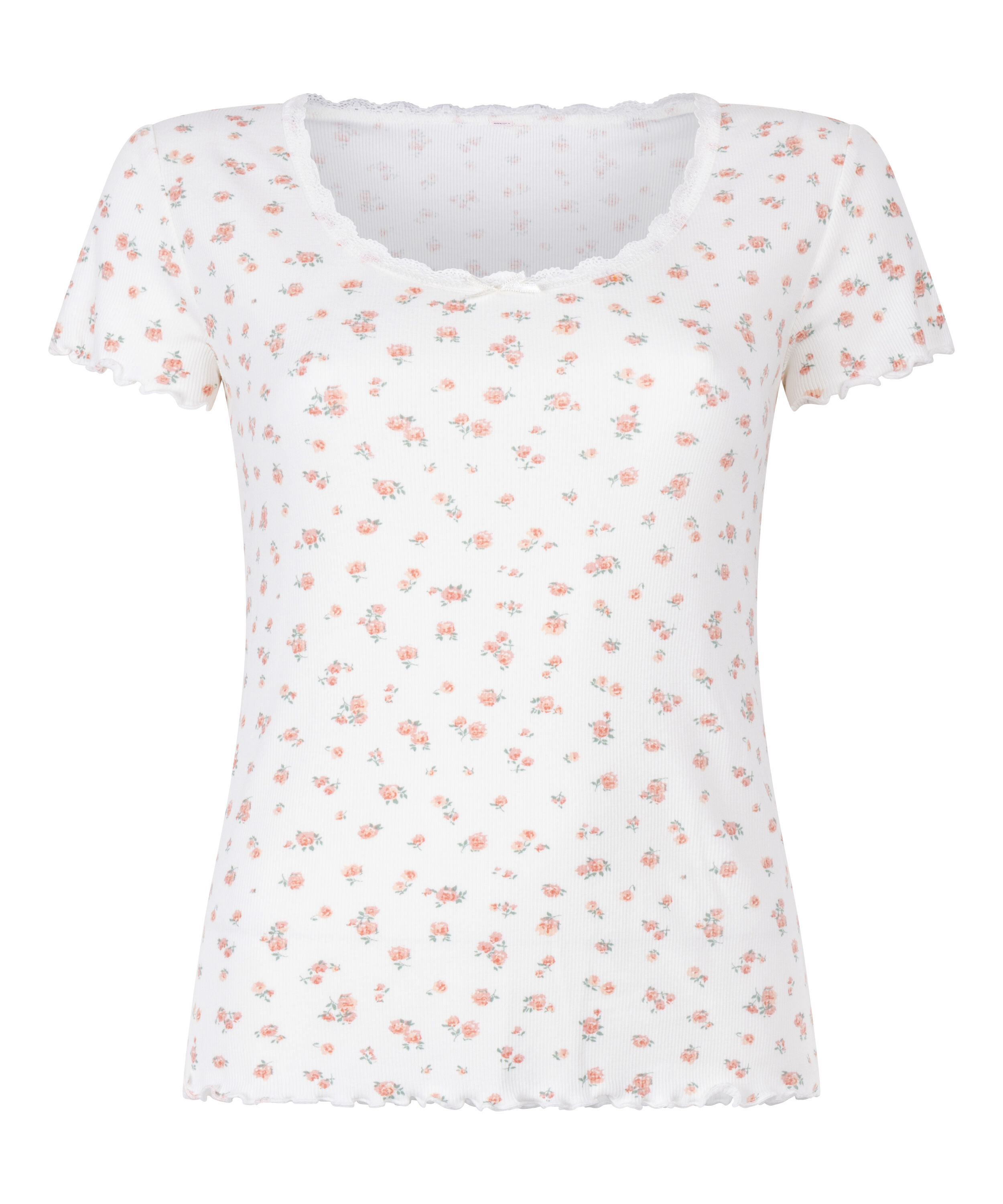 Geribde top met korte mouwen en kant, Wit