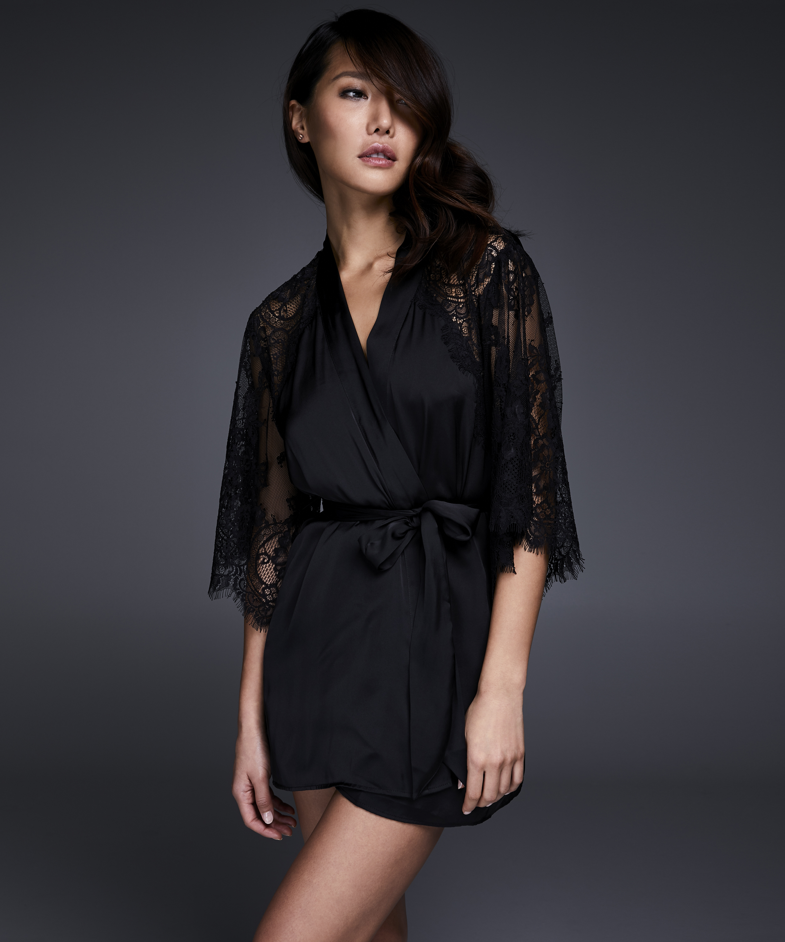 Kimono Flared Satin Lace, Zwart, main