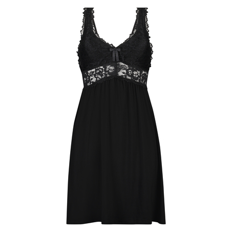Slipdress Modal lace, Zwart