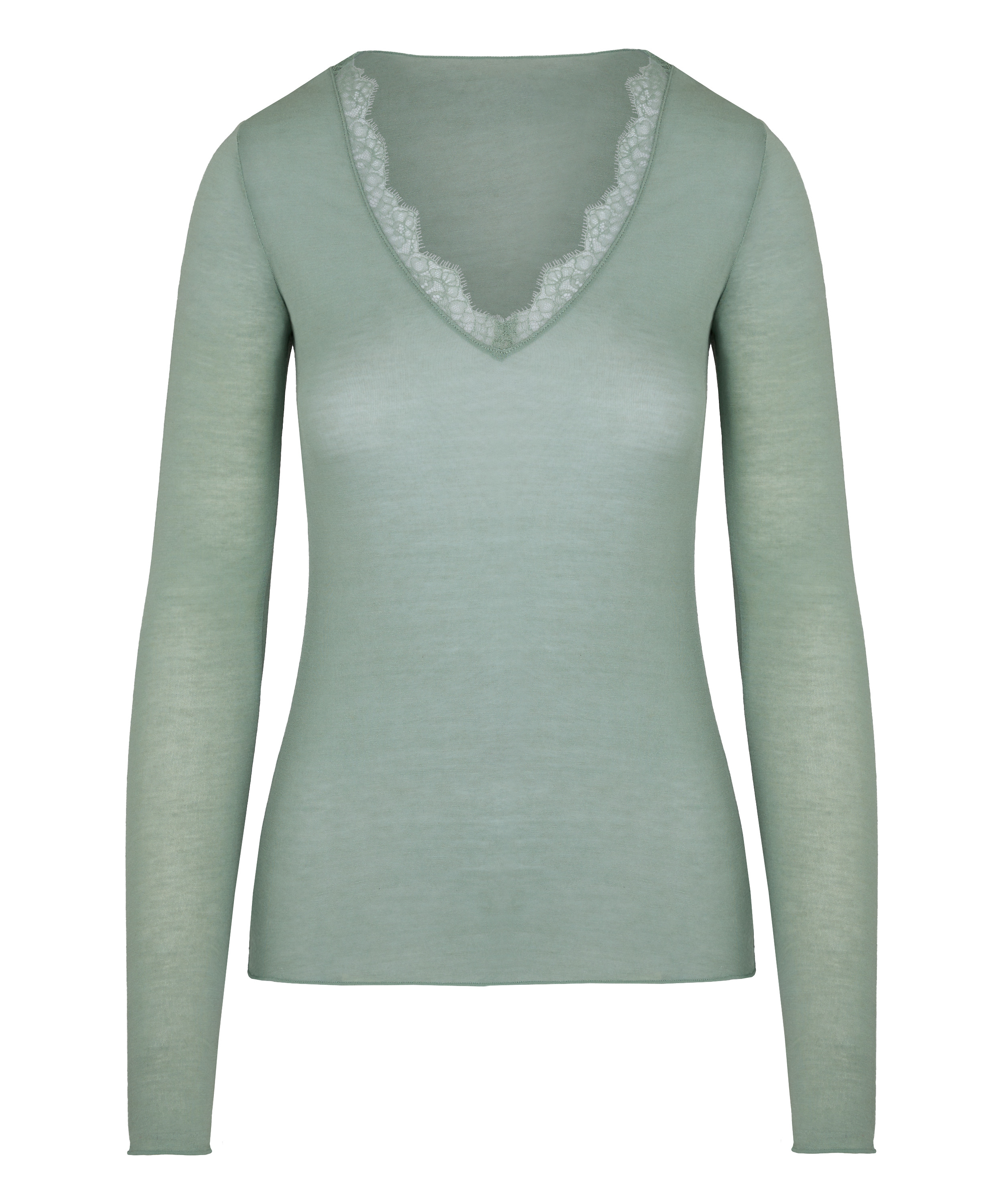 Top col V en dentelle ultra-doux avec cachemire, Vert, main