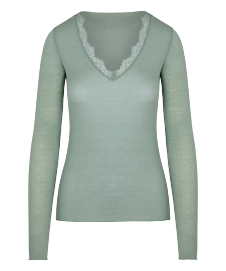 Top col V en dentelle ultra-doux avec cachemire, Vert
