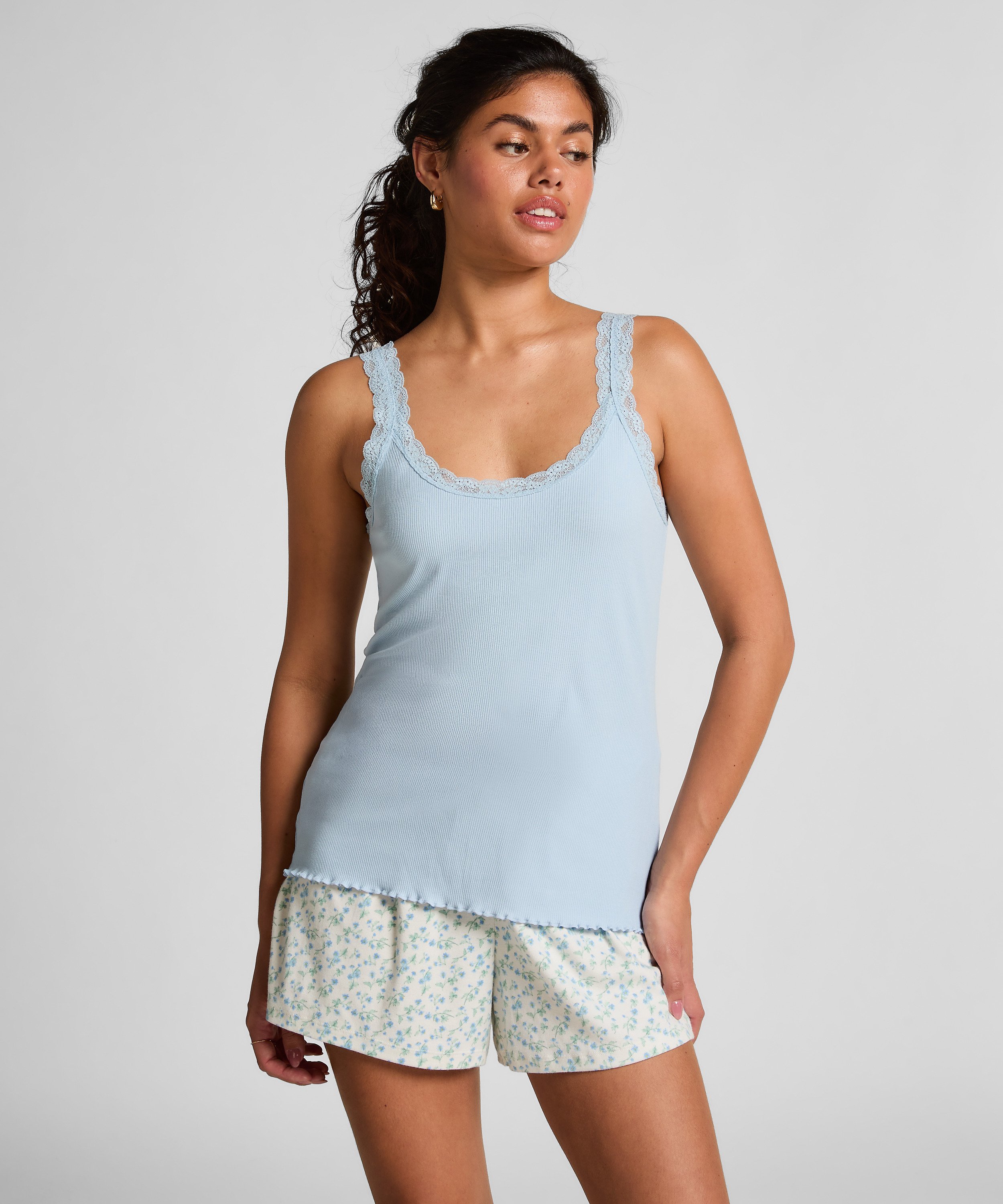 Rib Jersey Singlet met Kant, Blauw, main