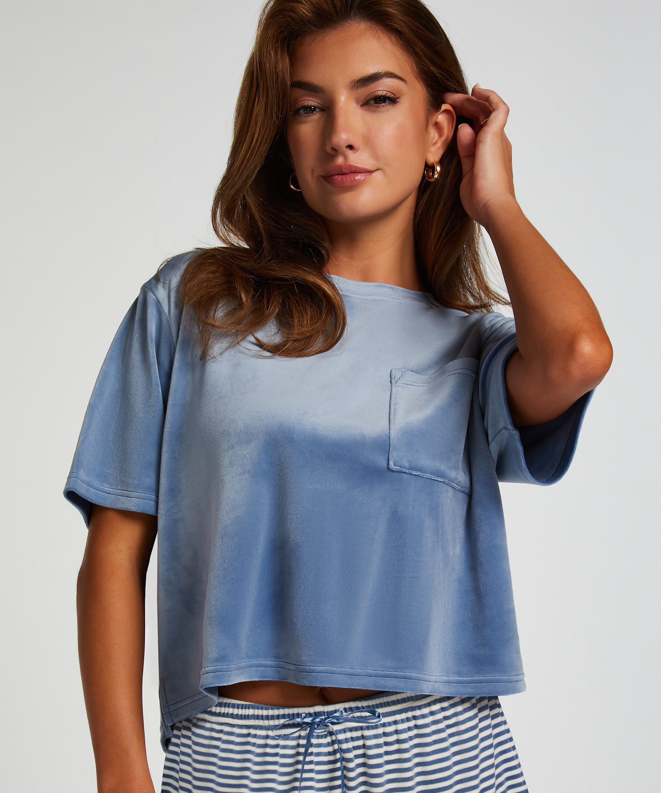 Top Velours Pocket, Bleu