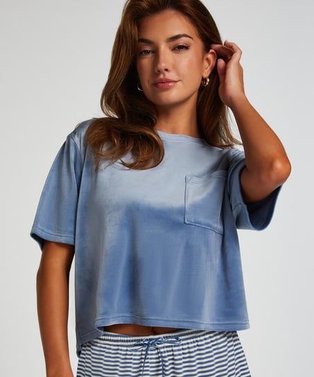 Top Velours Pocket, Bleu
