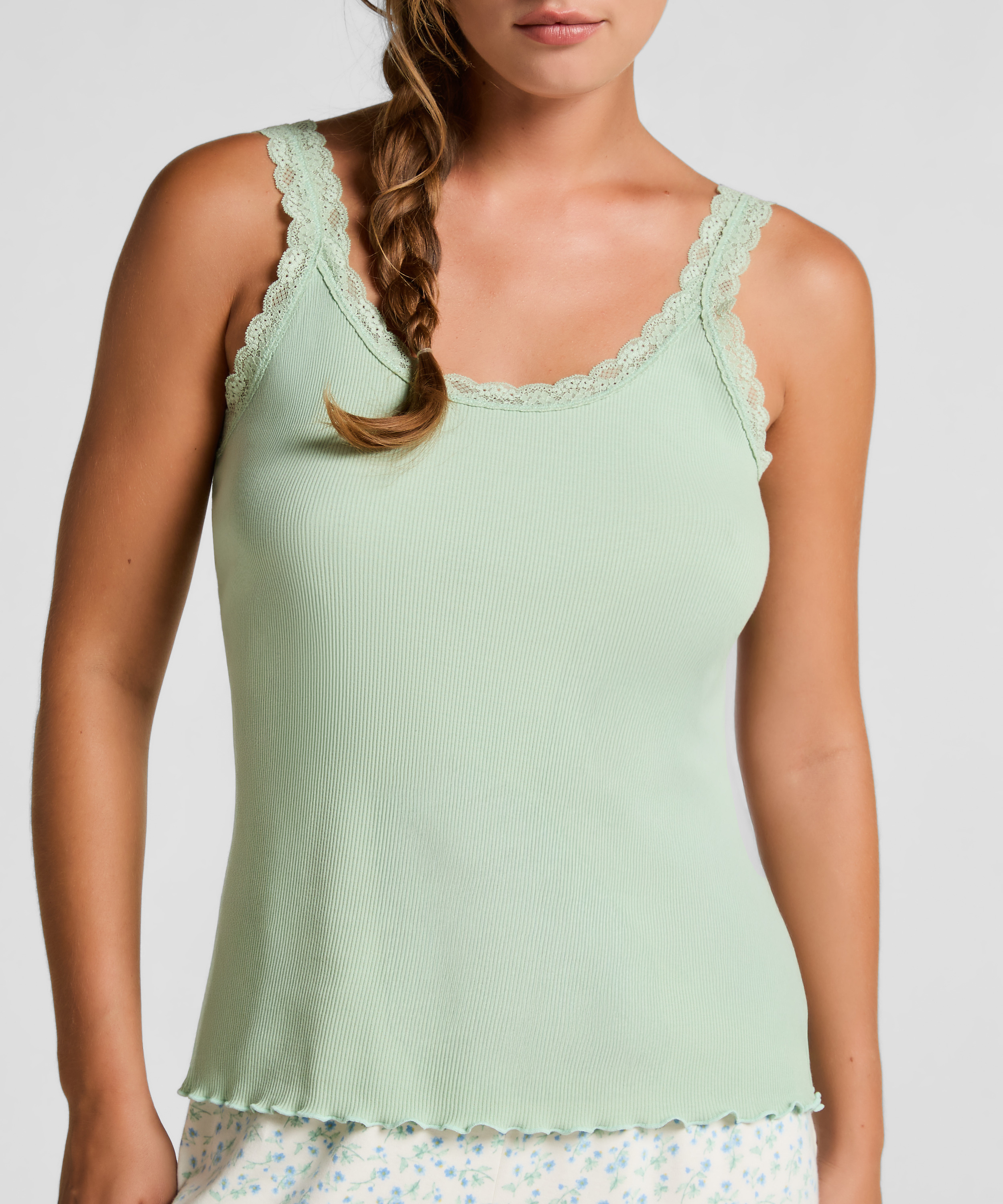 Rib Jersey Singlet met Kant, Groen, main