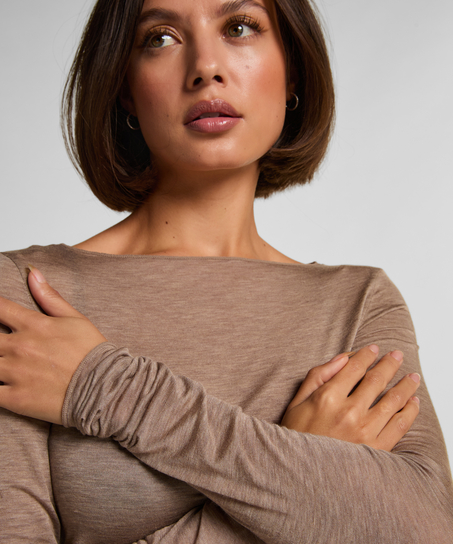 Haut avec cachemire &agrave; col bateau super soft, Brun