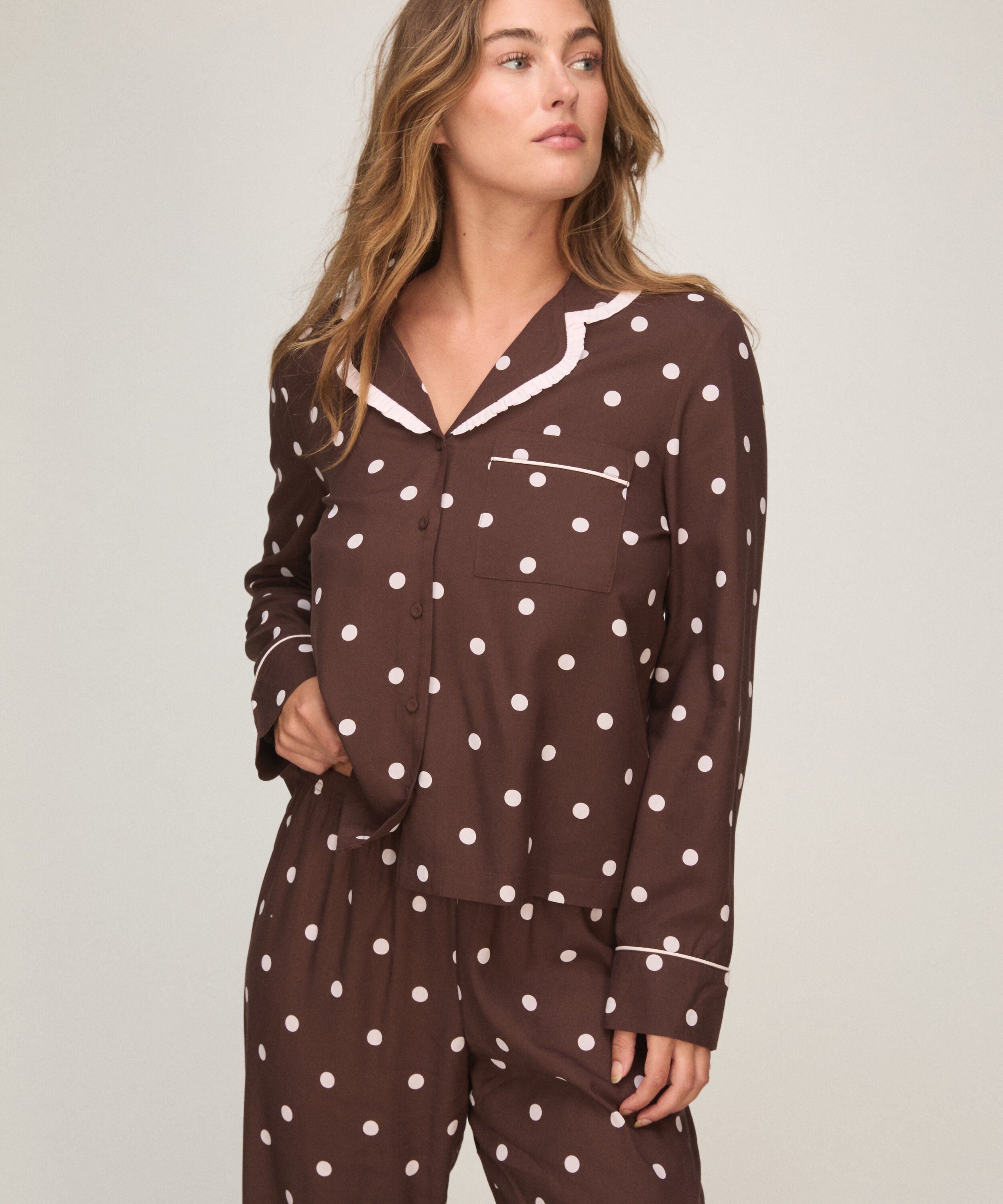 Pyjama Set Poplin Ruffle, Bruin