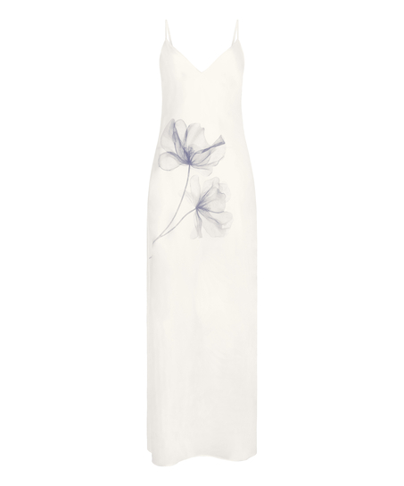 Slip dress longue en satin floral, Blanc