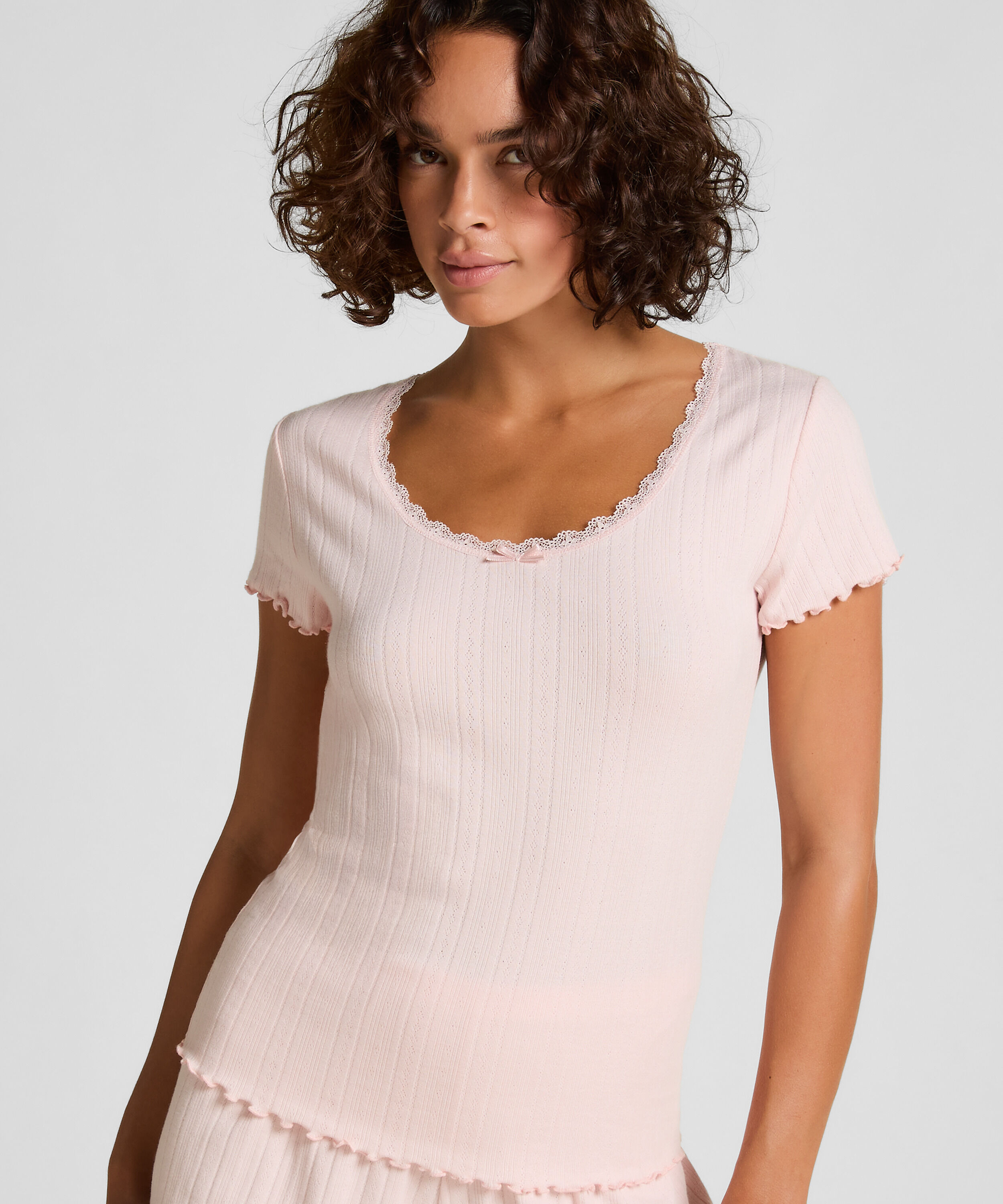 Pointelle top met kant, Roze