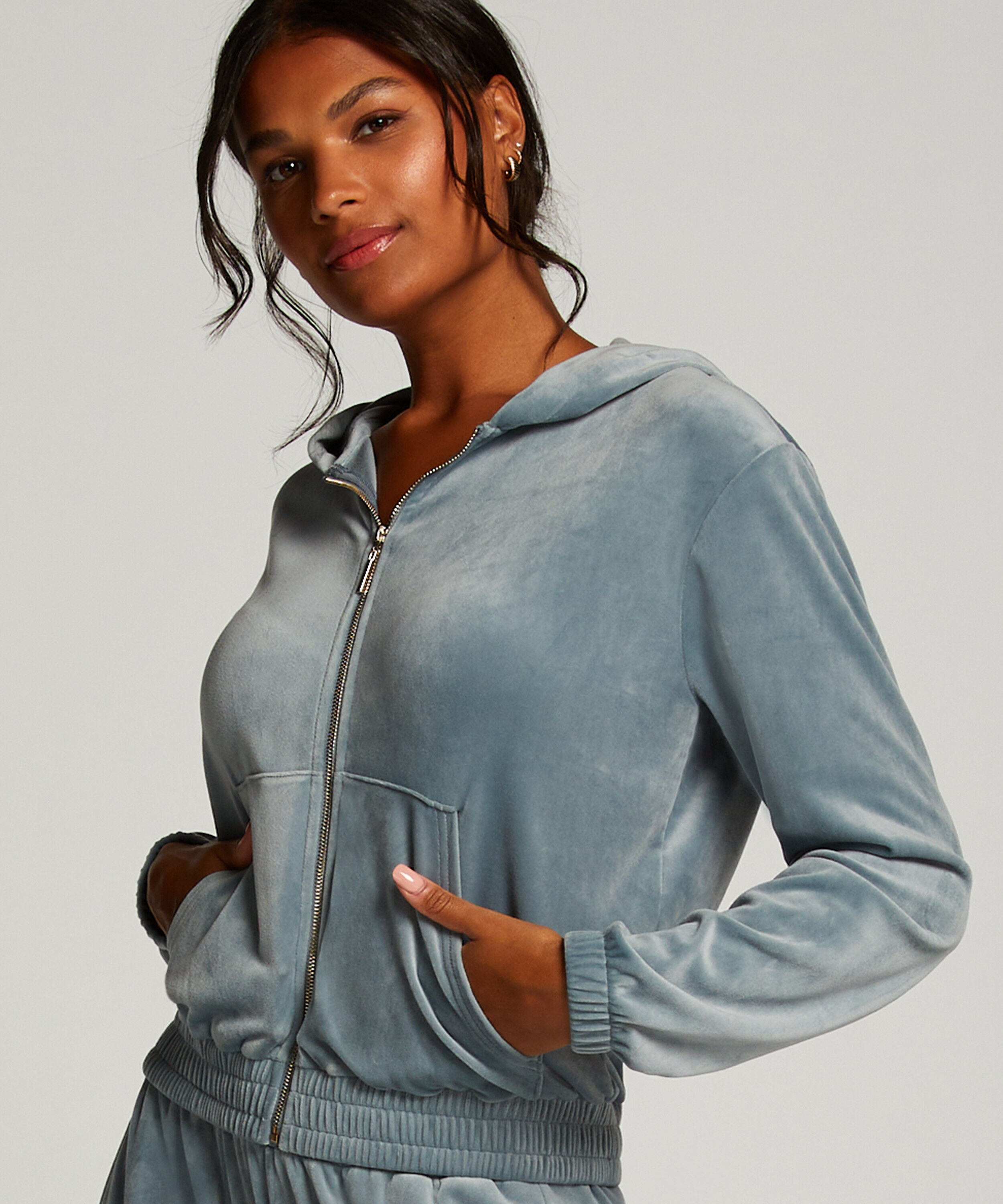 Manteau &agrave; capuche velours, Bleu