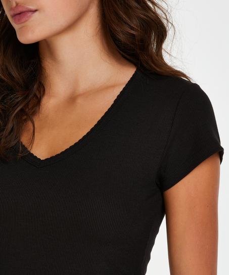 Haut de pyjama côtelé à manches courtes, Noir