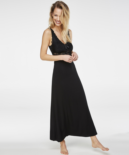 Slipdress Modal lace long, Zwart