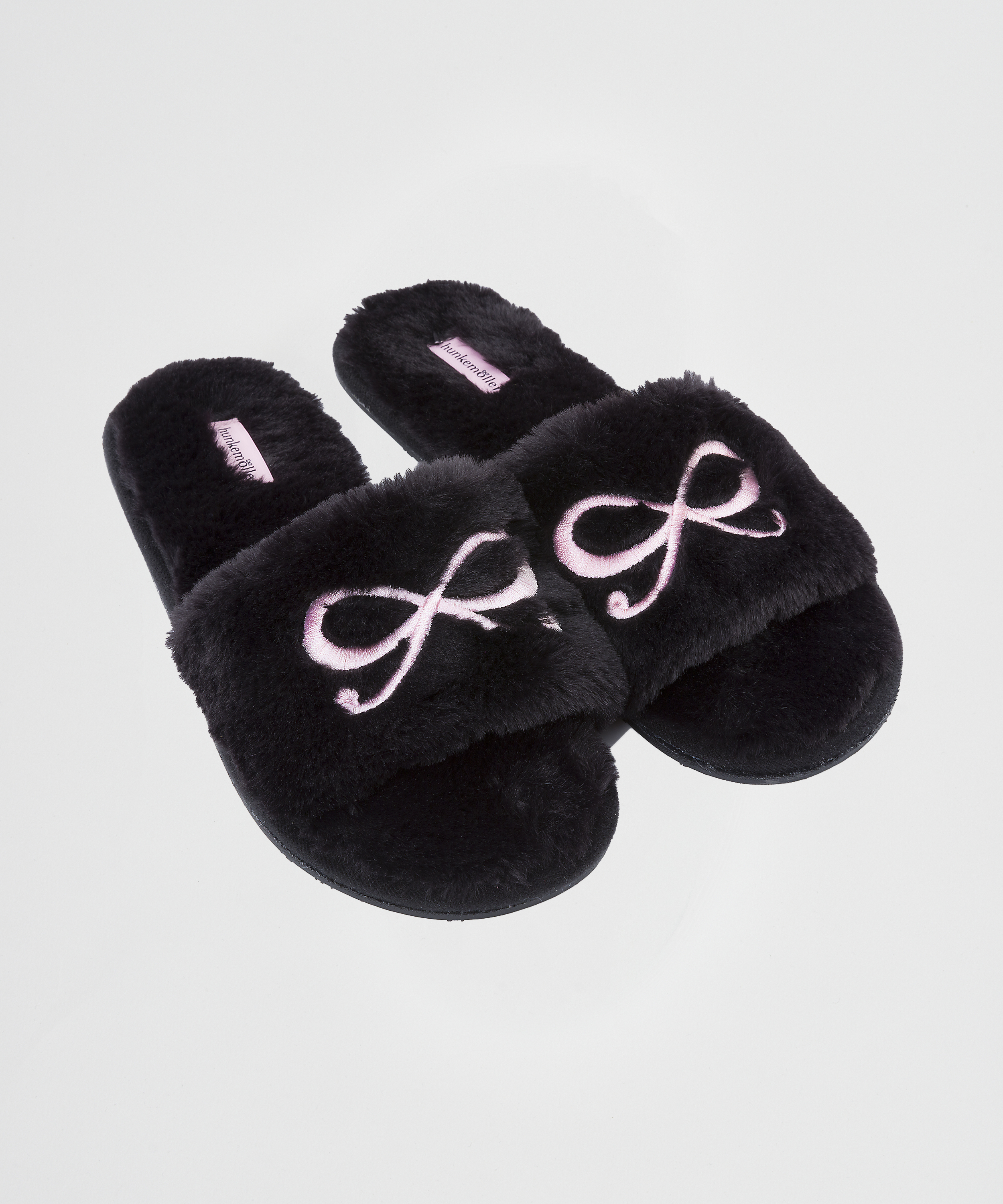 Bow fake fur top slipper, Zwart, main