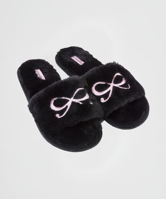 Bow fake fur top slipper, Zwart
