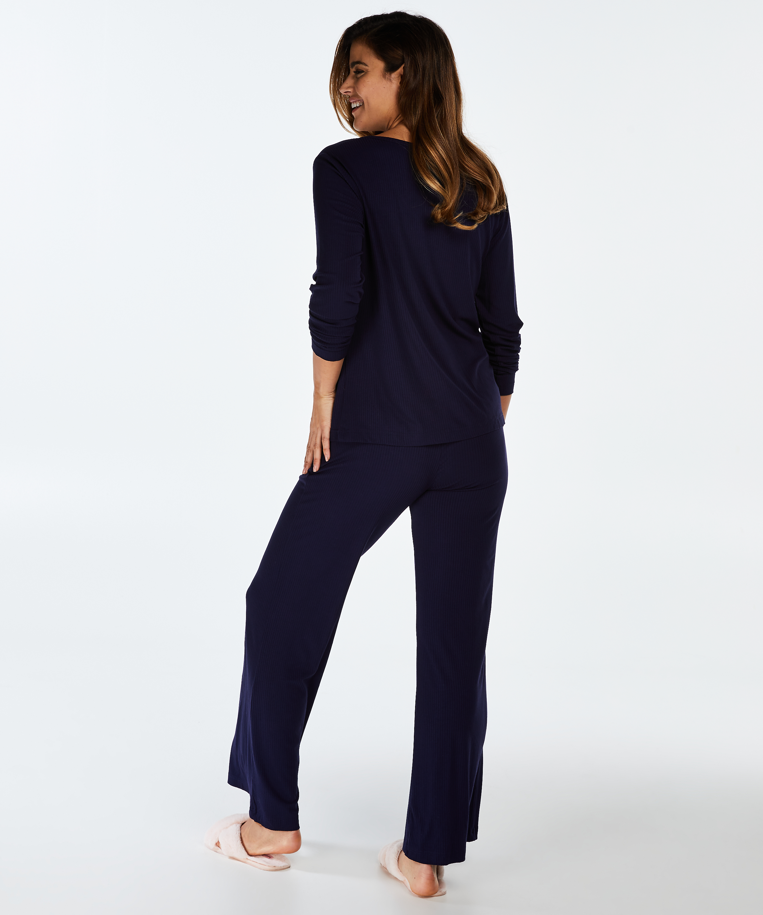 Pyjama top lange mouwen rib keyhole, Blauw, main
