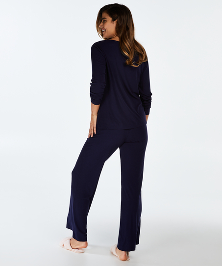 Pyjama top lange mouwen rib keyhole, Blauw