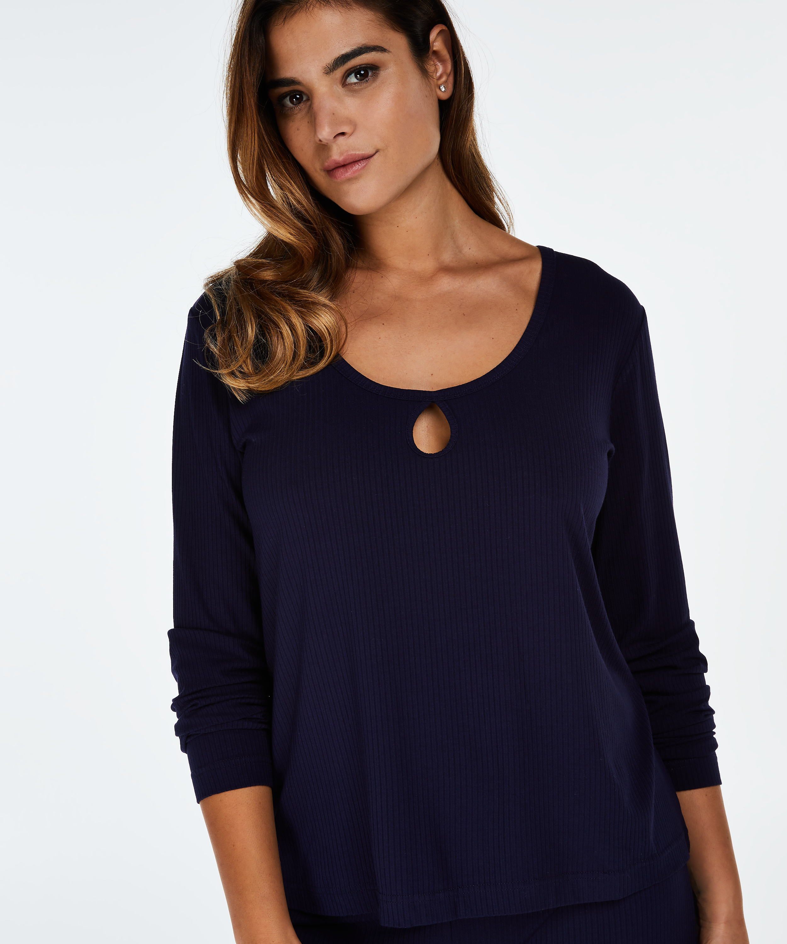 Pyjama top lange mouwen rib keyhole, Blauw, main