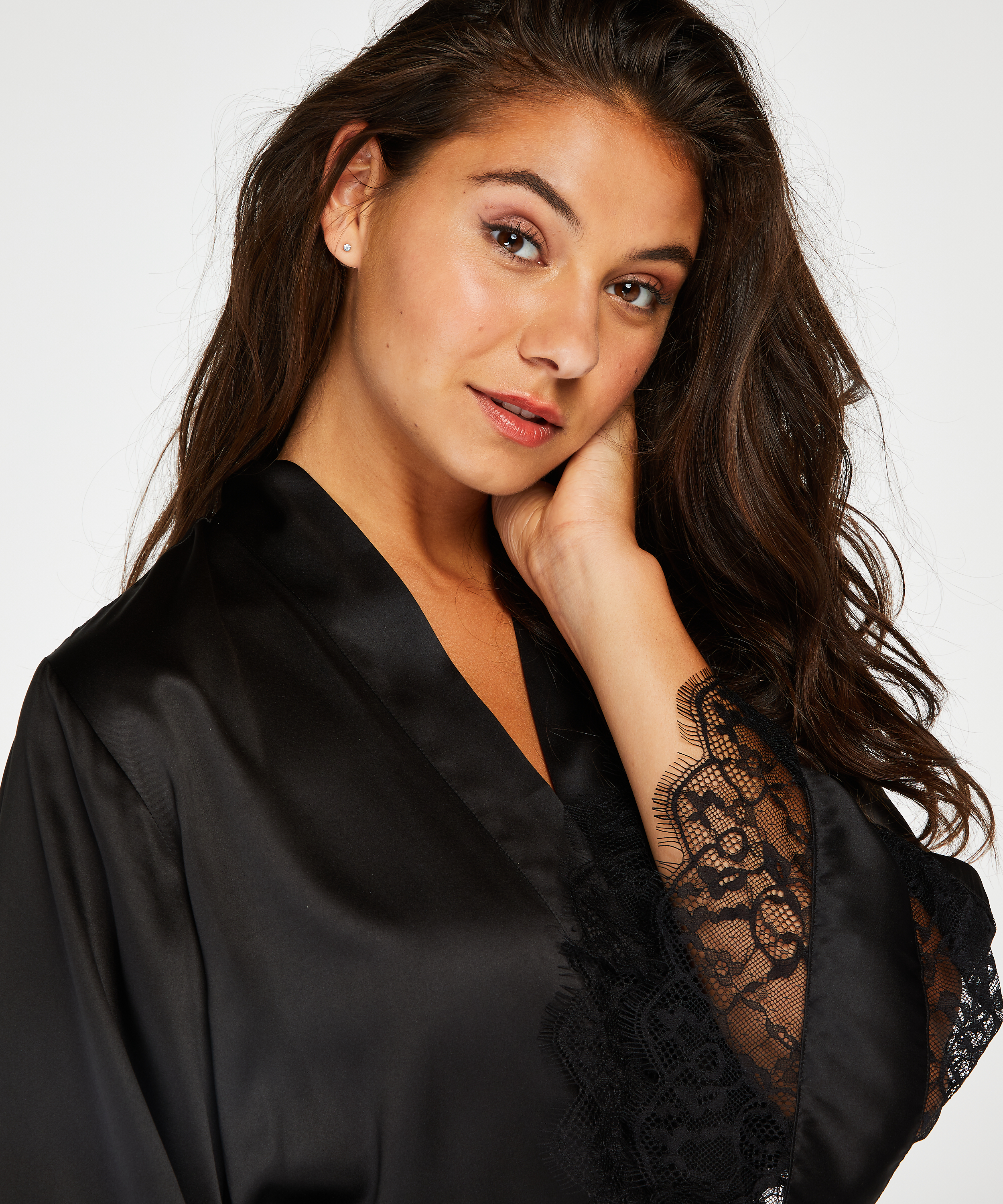 Kimono satin lace, Zwart, main
