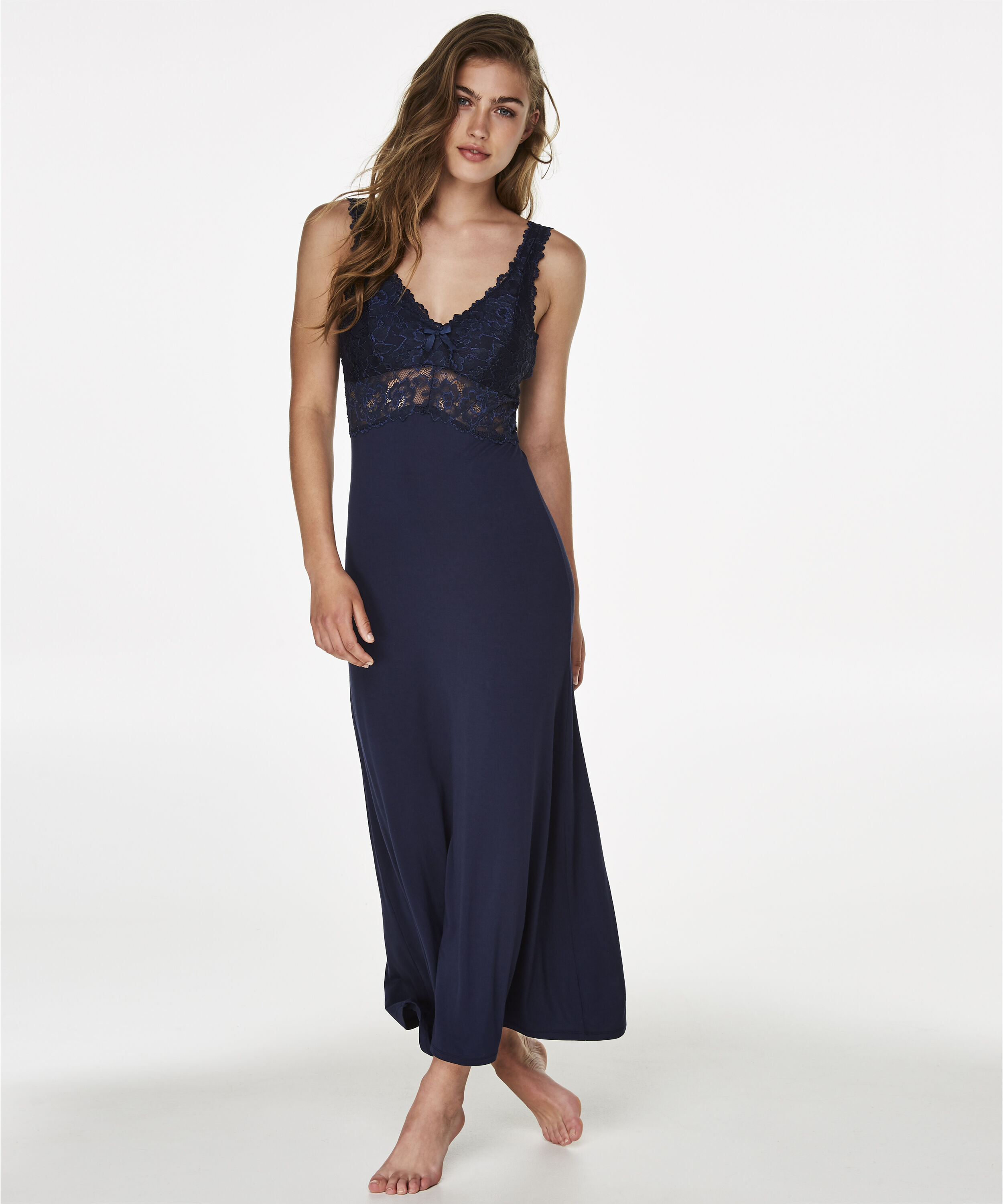 Slipdress Modal lace long, Blauw