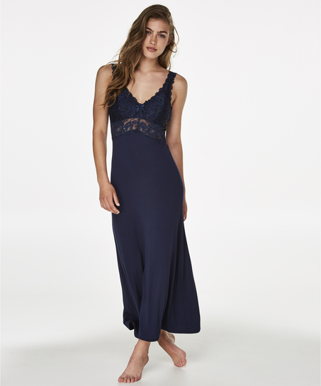 Slipdress Modal lace long, Blauw
