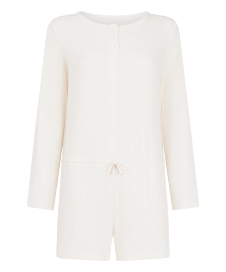 Combinaison de pyjama courte en jersey c&ocirc;tel&eacute;, Blanc
