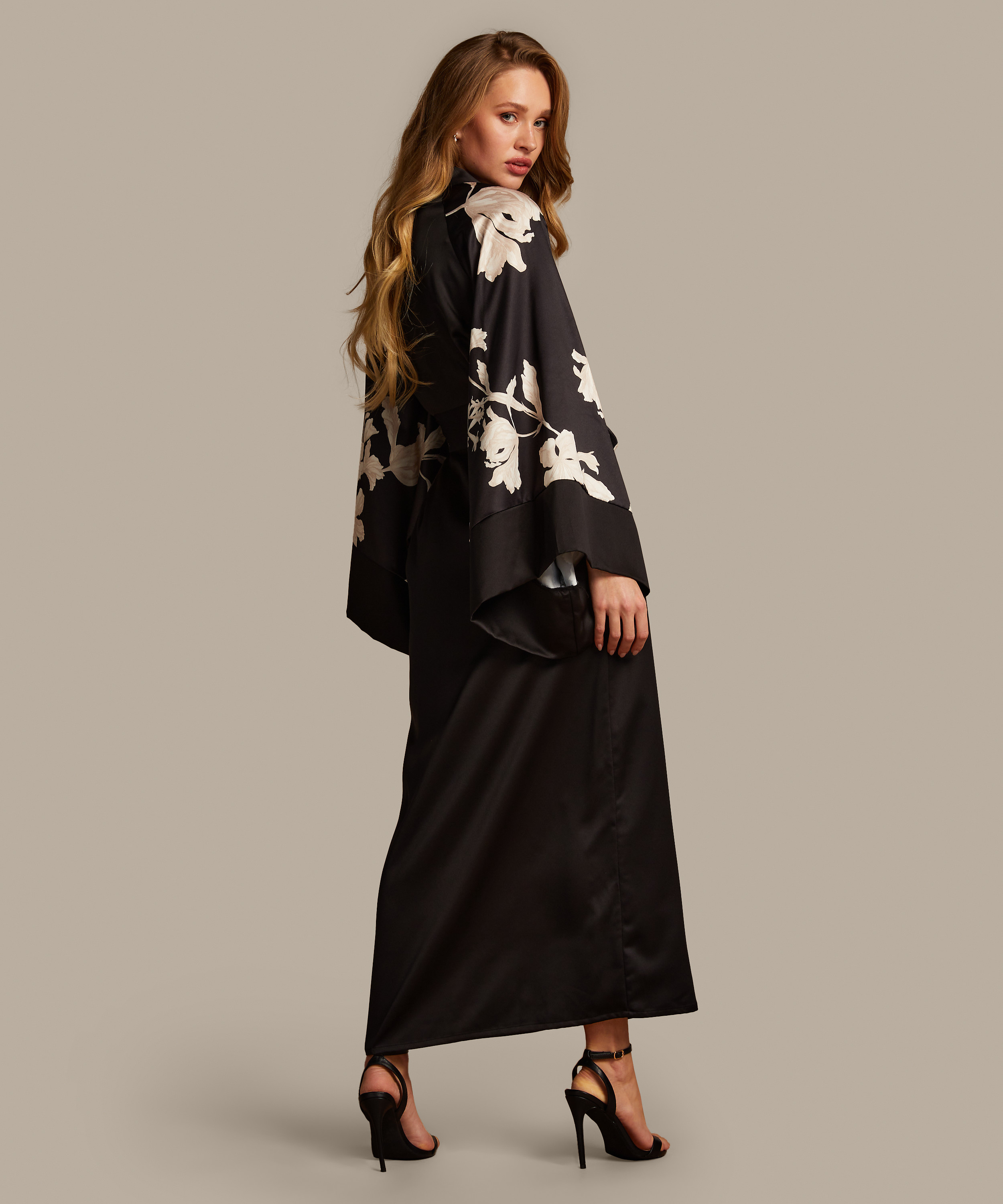 Kimono Satijn Bloom, Zwart, main