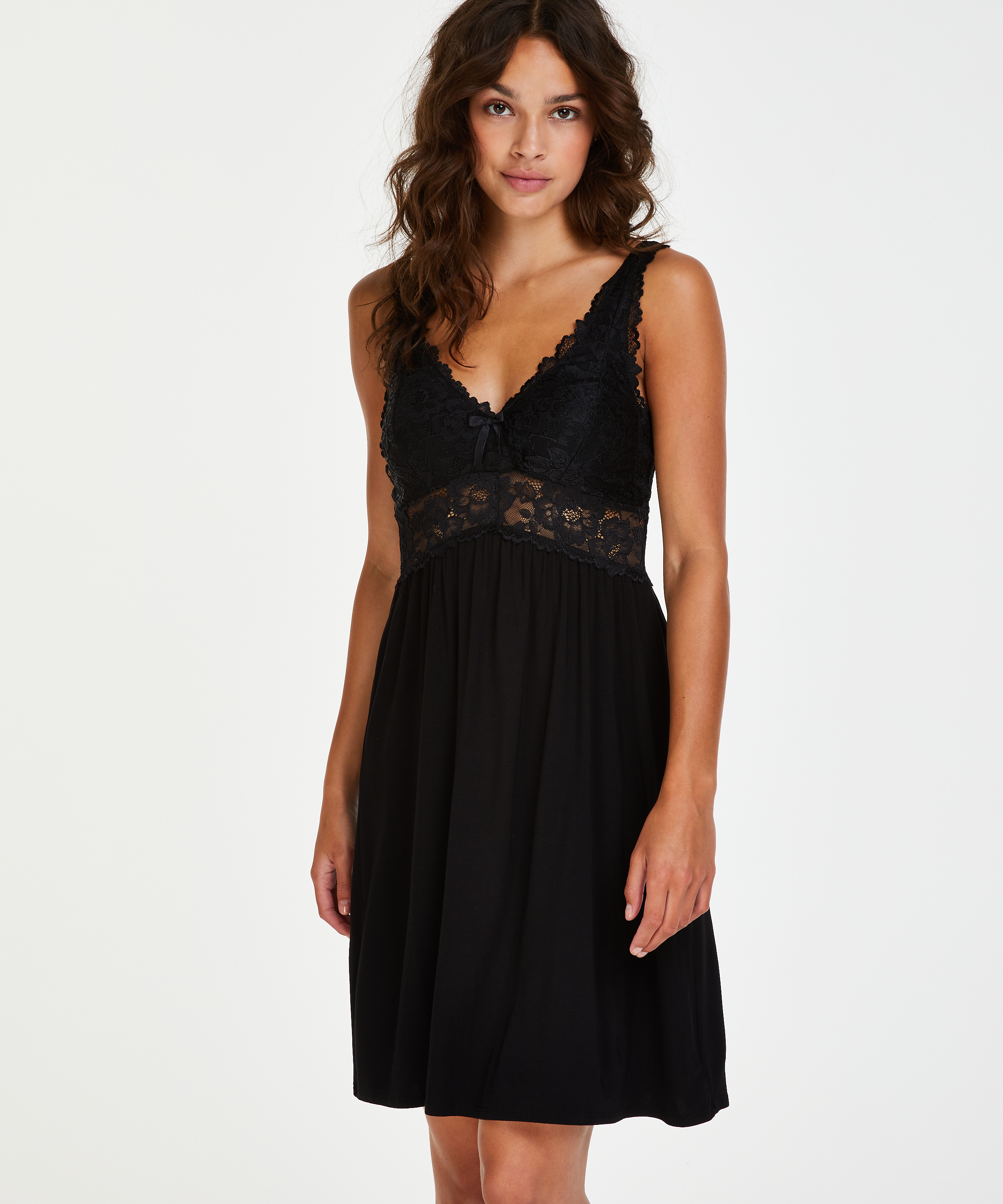 Slipdress Modal lace, Zwart, main