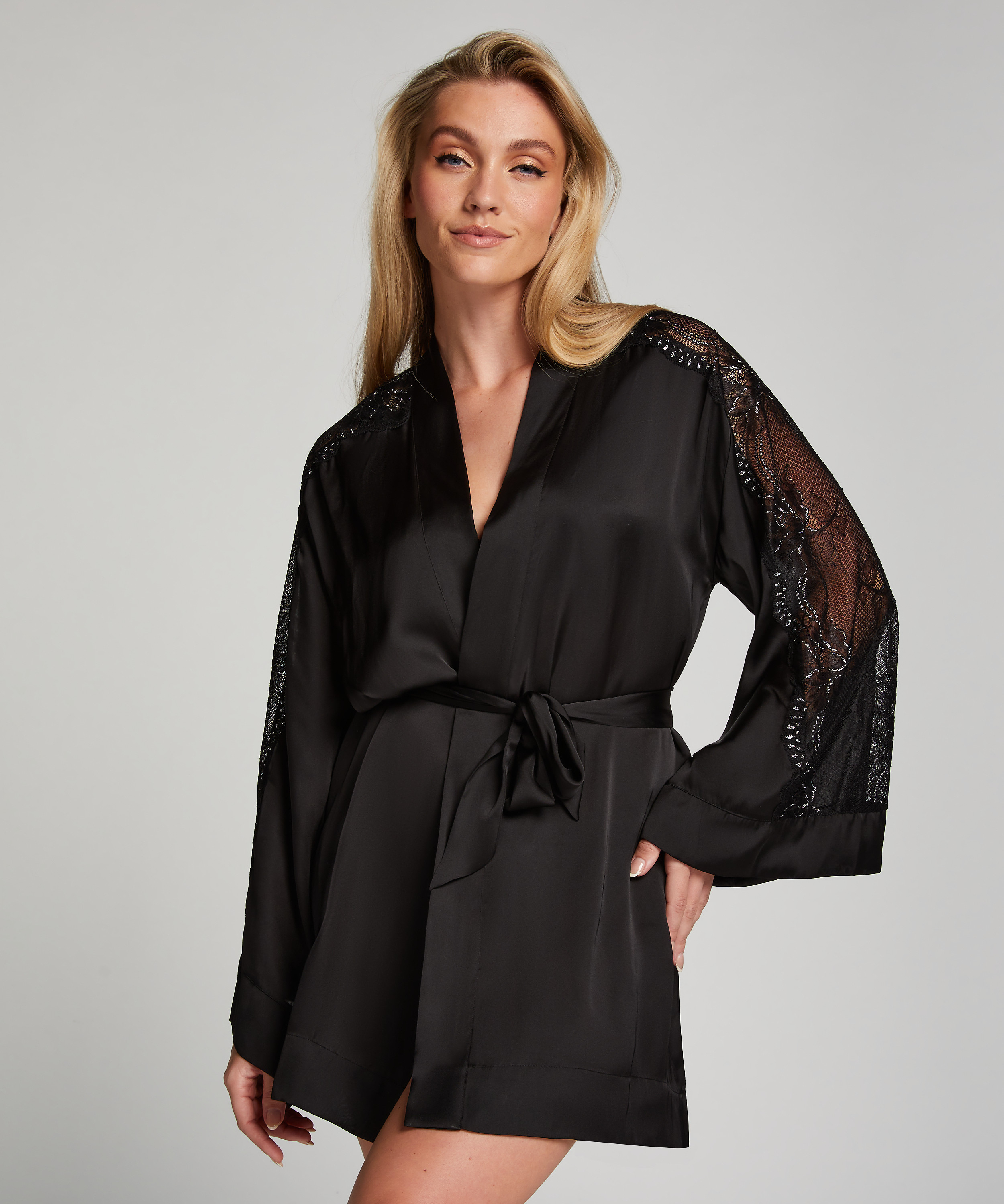 Kimono Satin Donna Sparkle, Noir, main