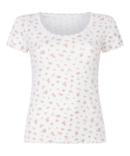 Haut &agrave; manches courtes en dentelle c&ocirc;tel&eacute;e, Blanc