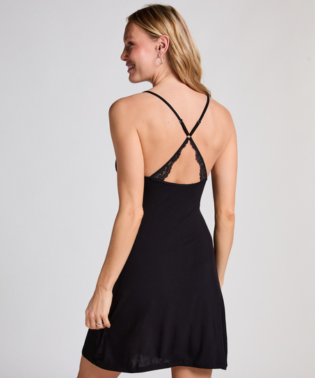 Jersey Slipdress Lace Back, Zwart