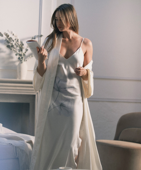 Kimono Long Satin Floral, Blanc
