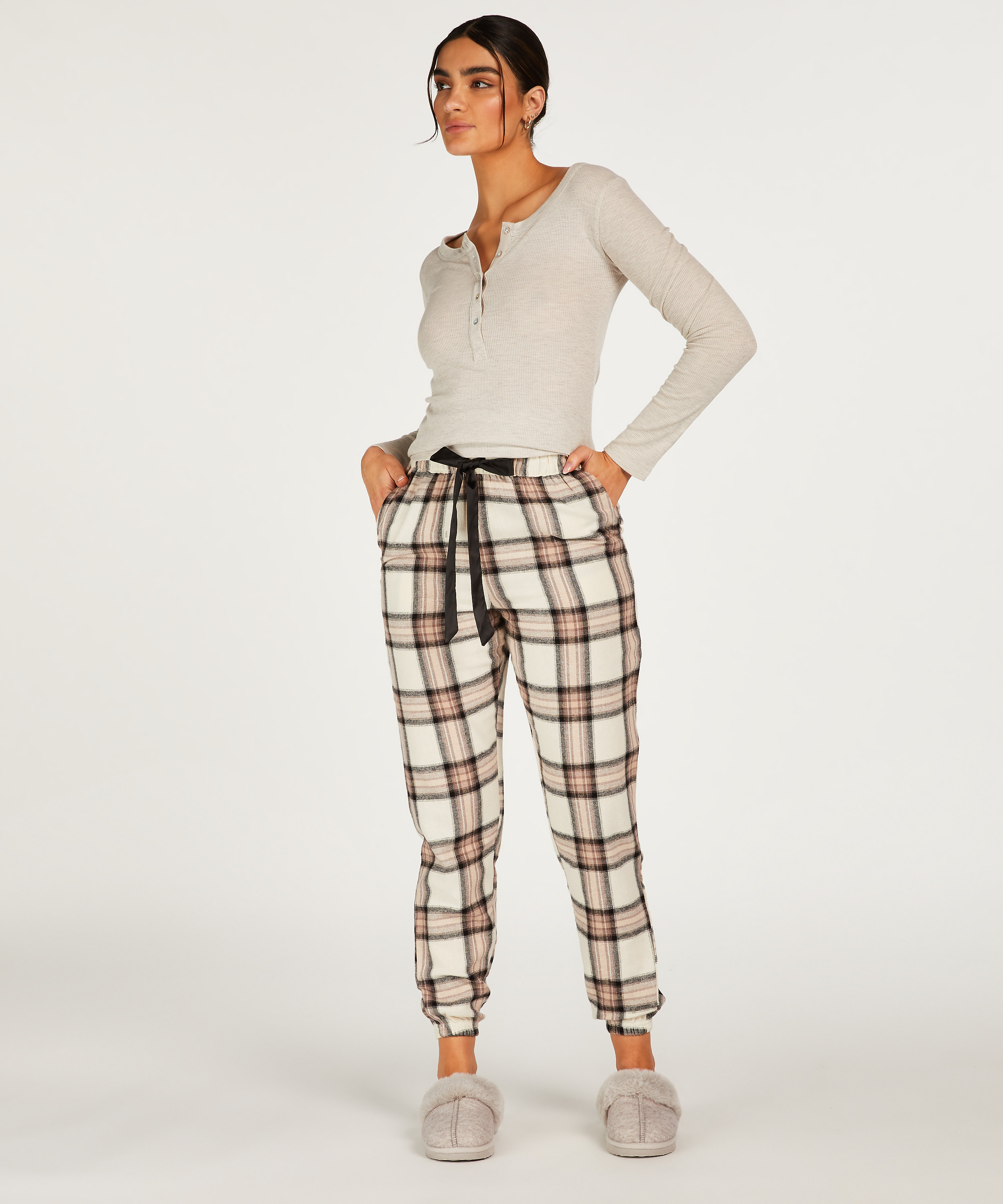 Petite Pyjamabroek Twill Check, Beige, main