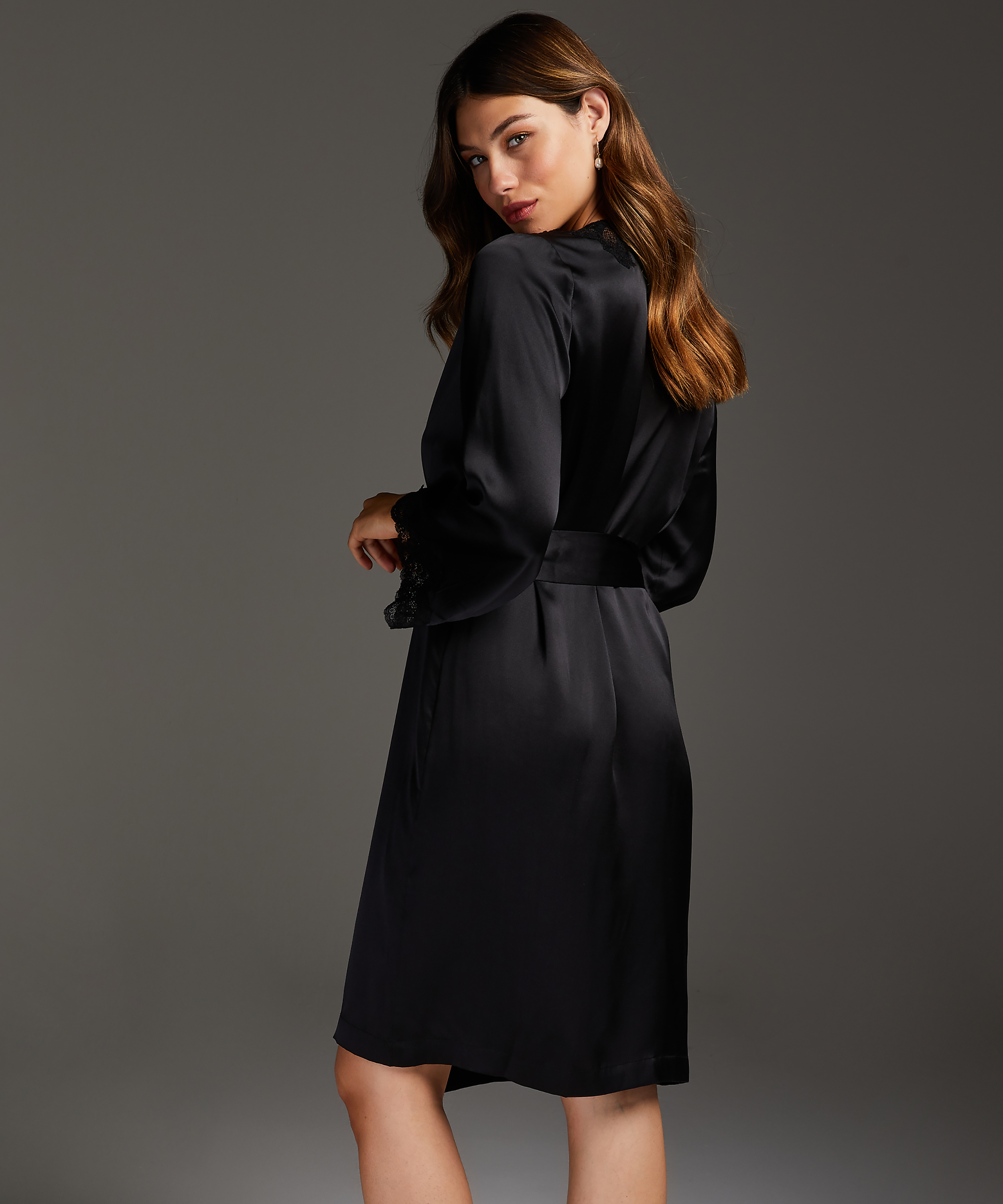 Kimono zijde lace trim, Zwart, main