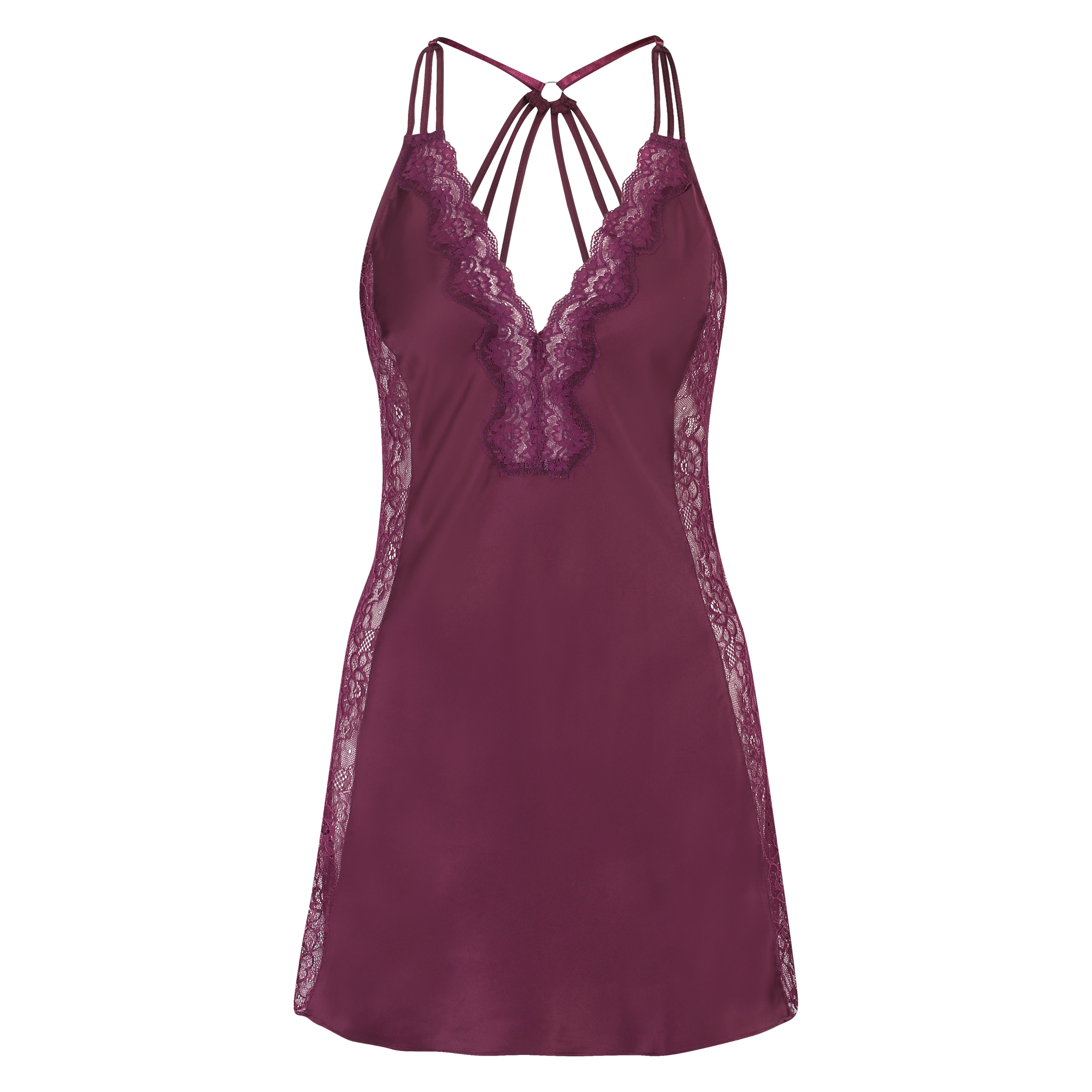 Nuisette Satin deep v, Pourpre, main
