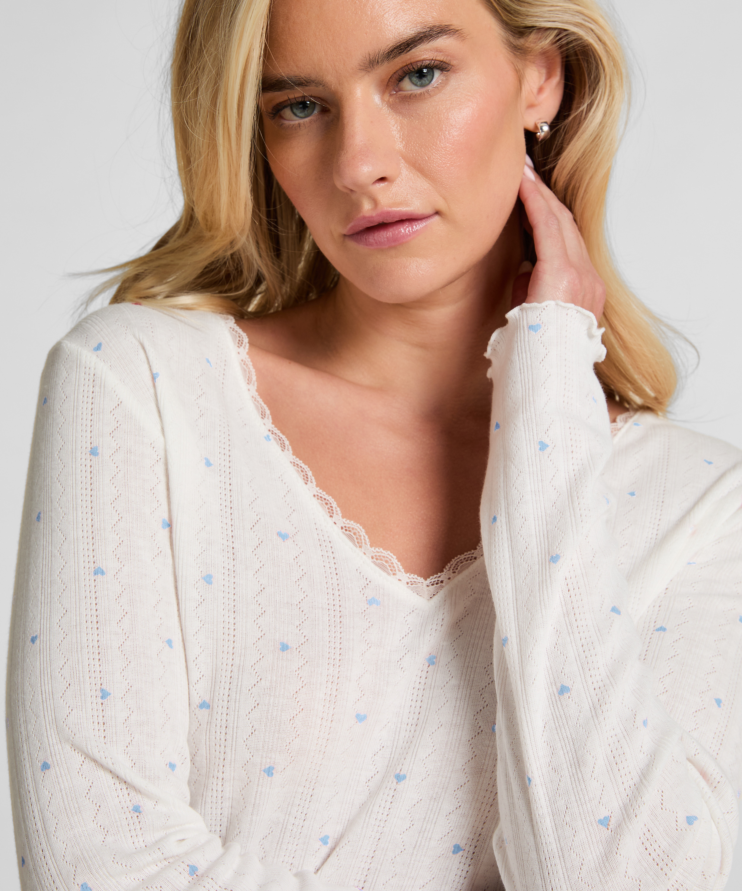 Haut de pyjama &agrave; manches longues Pointelle, Bleu, main