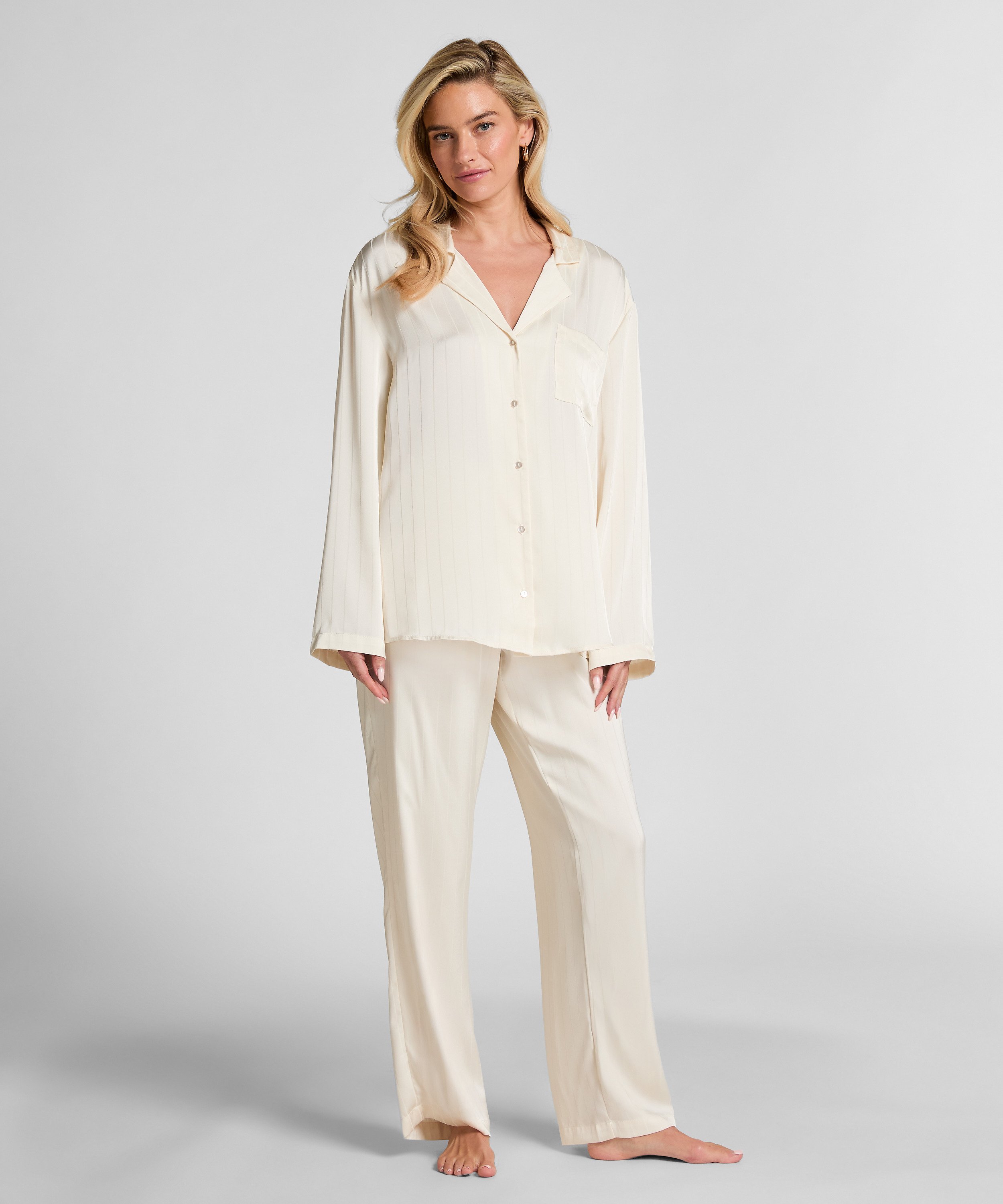 Pantalon &agrave; rayures en satin, Blanc, main