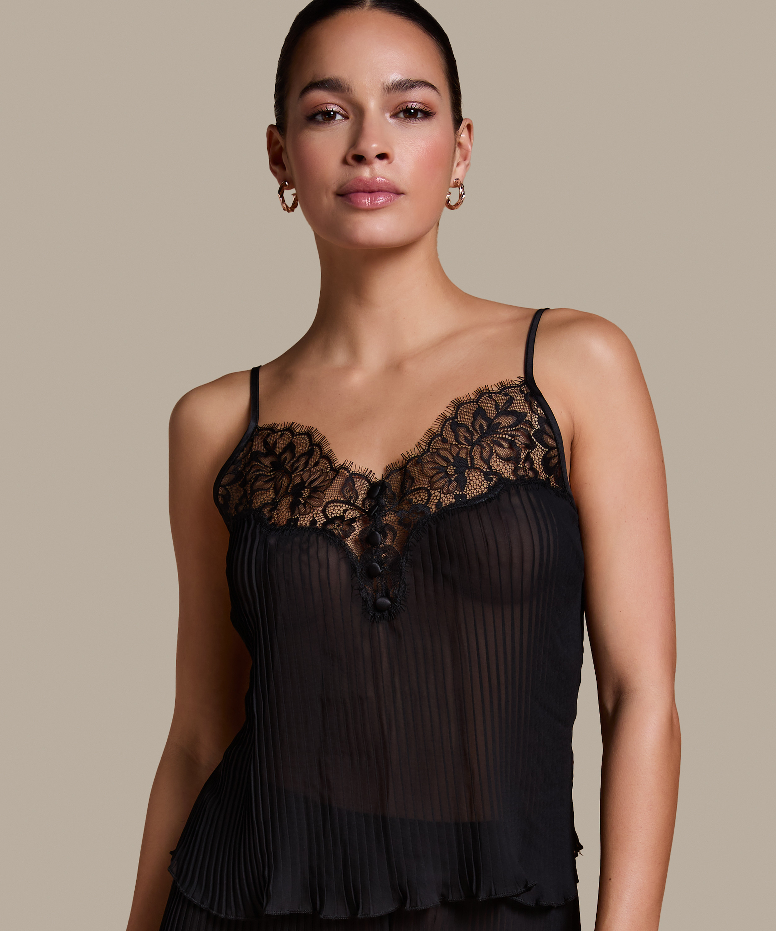 Plisse Lace  Cami, Zwart, main